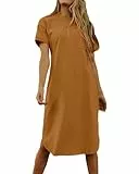 Imily Bela Dame Tshirt Kleid Sommer Shirtkleid Baumwolle Kurzarm Rundhals Minikleider Freizeitkleid mit Taschen.Khaki.L