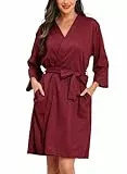Lovasy Bademantel Damen Waffelpique 3/4 Ärmel Saunamantel Waffelstrick Morgenmantel Weich Leicht Knielang Loungewear mit Gürtel Taschen,Wein Rot,XXL