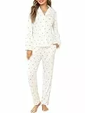 Vlazom Damen Schlafanzug Zweiteiliger Damen Pyjama mit Knopfleiste V-Ausschnitt Pyjama Set für Frauen Umlegekragen Lange Hose mit Gummibund Zweiteiliger Sleepwear（M，Weiß Kirsche）