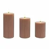 Relaxdays LED Kerzen, 3er Set, 3 Größen, flackernde Flamme, Echtwachs, mit Rillen, flammenlose Elektrokerzen, Altrosa