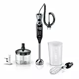Bosch Stabmixer ErgoMixx, Edelstahl-Mixfuß, mit Universalzerkleinerer, Mixbecher, Schneebesen, Ice-Crush-Klinge, Spiralkabel, 12 Stufen plus Turbostufe, 750 W, schwarz/grau, MSM67170