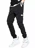 Elegancity Schwarze Jogginghose Herren Cargohose Einfarbig Hose Männer Causal Sporthose Elastische Freizeithose mit 6 Tasche L