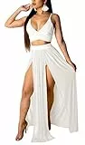 Sexy 2-teiliges Damen-Kleid, Chiffon-Trägern, tiefer V-Ausschnitt, BH, bauchfreies Top, hoher Schlitz, Maxikleid, Rock-Set, Elfenbein, Weiß, XX-Large