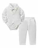 Baby Junge Anzug Taufe, Neugeborenen Taufanzug Hochzeitsoutfit Partei Babykleidung Strampler + Bowtie + Vest + Pants Set Weiß 3-6 Monate