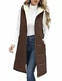Vancavoo Weste Damen Lang mit Kapuze Herbst Winter Steppweste Ärmellose Jacke Daunenweste Gefüttert Fleeceweste Warme Longweste Kapuzenweste Freizeit Übergangsweste,Kaffee,XL