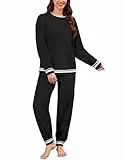 Niwicee Schlafanzug Damen Lang Pyjama Set Winter Fleece Hausanzug Kuschelige Warm Freizeitanzug Nachtwäsche Sleepwear Flauschig Zweiteiliger Oberteile Und Hosen mit Taschen (Schwarz, XL)