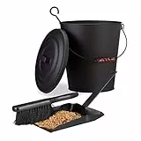 Relaxdays 2 TLG. Kaminreinigungs-Set, Ascheeimer, Kehrgarnitur, Stahl, Deckel, Henkel, Holzgriff, 24 Liter, flach, schwarz