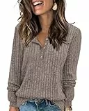 Tanmolo Damen Leichte Strickpullover Langarm Henley Shirt Herbst lässig Rundhals-Knöpfe Elegant Sweatshirt Tunika Tops Kaffee, L
