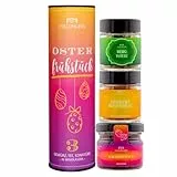 Hallingers Genuss Manufaktur Vegan Geschenkkorb Geschenkset Ostern – Feinkost Mix, Oster Set 3-teilig mit Tee, Konfitüre & Gewürz in edler Geschenkdose 'Oster Frühstück' – Osterkörbchen-Geschenkidee