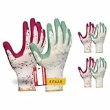 Gebol Flower Duo, 4 Paar Gartenhandschuhe Damen, Arbeitshandschuhe mit Latex-Beschichtung & Blumenmuster, atmungsaktiv mit Grip für Garten & Montage, Gr. M (Gr.8), Rot/Grün