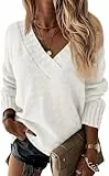 Wenrine Damen Pullover Winter Langarm V-Ausschnitt Strickpullover Sexy Lose Einfarbig(Weiß,M)