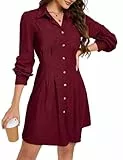 KOJOOIN Blusenkleid Damen Langarm Corduroy Hemdkleid A-Linien Tunika Kleid Minilänge Cordkleid mit Tasche und Knopfleiste Weinrot S