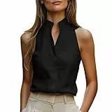 Damen Bluse Ärmellos V-Ausschnitt Top Stehkragen Sommeroberteil Elegante Weste Locker Shirt Mode Klassische Tunika Hemdbluse Einfarbig Leichtes Oberteil für Business Casual Büro Alltag