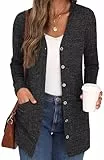 GRECERELLE Damen Lang Strickjacke Herbst Leichte mit Taschen und Knöpfen Weiche Long Elegant Gerippt Cardigan V-Ausschnitt Langarm über Top Kleid (07 Dunkelgrau, L)