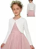 Danna Belle Mädchen Bolero 140 Kinder Strickjacke 146 Cardigan mit Schleife aus Samt dran Festlich Kommunion Tauf Hochzeit Einschulung reines Weiß 10-11 Jahre