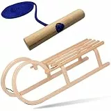 Explorer Colint Holzschlitten 100cm für Kinder ab 1 Jahr und Erwachsene Set Schlitten Hörnerschlitten aus Holz mit 150cm Leine in Blau und Holzgriff