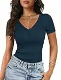Gyabnw Sommer Damen T Shirt Kurzarm mit V Ausschnitt und Henley Knopfleiste Slim Fit Stretch Stoff Elegantes modisches Oberteil