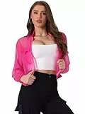 Allegra K Damen Transparente Bomberjacke Durchsichtige Jacken Langen Ärmeln Reißverschluss Pink M