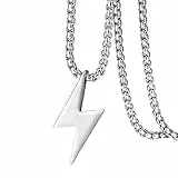 Flongo Herren Kette Blitz Edelstahl: Männer Halskette Silber mit Lightning kettenanhänger silberkette Necklace Punk Cuban Chain panzerkette plattenkette Modeschmuck Geschenke für Jungs Kinder