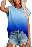 ANCAPELION Damen Casual T-Shirt Kurzarm Sommer Tops Lose Oberteile Rundhals Basic Bluse mit Tasche Farbverlauf blau L