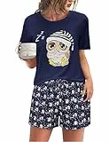 Demegimi Schlafanzug Damen Kurz Lustig Sommer Pyjama Kurz Nachtwäsche Set Rundhals mit Cartoon Eulen Design Sleepwear Hausanzug S-2XL