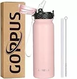 GOPPUS 600ml/20oz Edelstahl Wasserflasche mit Strohhalm Trinkflasche Sport Thermosflasche Auslaufsicher Flasche Water Bottle with Straw Thermoflasche Kohlensäure Trinkflasche
