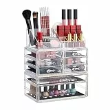 Relaxdays Make Up Organizer mit Schubladen, stapelbarer Schmuckkasten, Acryl Schminkaufbewahrung, transparent-gold