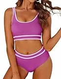 AI'MAGE Bikini Damen Set Badeanzug Bauchweg Sport Bikini-Sets High Waist Bademode Push Up Gerippt, Knallrosa S