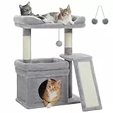 PETEPELA Kleiner Kratzbaum für große ausgewachsene Katzen mit breiter oberer Liegefläche, privater Katzenhöhle und Sisal-Kratzsäule，Kratzpad für Wohnungskatzen, Grau
