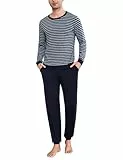 Bresdk Schlafanzug Herren Lang Pyjama Streifen Langarm Baumwolle Winter Schlafanzüge für Herren Pyjamahose Zweiteilig Set Nightwear Blaugrau M