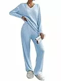 Famulily Schlafanzug Damen Lang Warm Pyjama Langarm V-Ausschnitt Loungewear Jogginganzug Weites Bein Zweiteiler Set Outfit mit Taschen (S,Hellblau)
