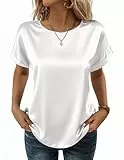 Zeagoo Damen Satin Bluse Basic Rundhals Shirt Casual Kurzarm Top Sommer Tunika Oberteile Locker T-Shirt Longbluse Elegante Seidenblusen Weiß XL