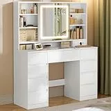 VASAGLE Kailyn Kollektion - Schminktisch mit Spiegel und LED-Leuchten, Steckdosenleiste, 9 Schubladen, 10x Vergrößerungsspiegel, 3 Lichtfarben, werkzeuglose Gleitschienen, wolkenweiß RDT137W01