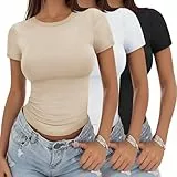 YGOODM Tshirt Damen, 3 Pack Basic Tshirt Kurzarm Tops Slim Fit Einfarbig Oberteile Female Top mit Rundhalsausschnitt