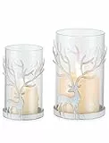 Romadedi Hirsch Windlichter Weihnachten Tischdeko: 2er Set Rentier Kerzenhalter Weiß aus Metall und Glas für Weihnachtsdeko Innen Tischdeko Winterdeko Wohnzimmer Fensterbank Geschenke