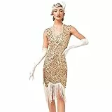FYMNSI Damen 1920er Jahre V-Ausschnitt Pailletten Fransen Kleid Flapper Charleston Kleider Cocktailkleid Partykleid Gatsby Pailletten Quasten Abendkleid 20er Jahre Kost?m Abschlussballkleid Gold M