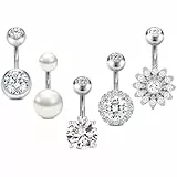 Crdifu 14G 6mm Kurz Bauchnabelpiercing Silber, 1,6mm Bauchnabel Piercing 316L Edelstahl, 5er Set Bauchnabelpiercing Blume Perle Kristall Zirkonia, Bananabell Piercing Hypoallergen Frauen Damen