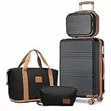 KONO Reisekoffer Set Gepäcksets 4 Teilig Kofferset, 55cm Handgepäck mit Beautycase Kosmetikkoffe mit handgepäck Reisetasche mit Kulturbeutel (Schwarz/Braun)