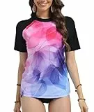 SURFEASY UV Shirt Damen Kurzarm UPF 50+ Schwimmshirt Schnelltrocknen Rundhals Badeshirt S-XXXL (Bunte Blätter, 3XL)
