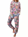 Famulily Schlafanzug Damen Lang Pyjama Set Warme Winter Langarm Oberteile und Weich Pyjamahosen Frauen Bequem Blumen Print Hausanzug Freizeitanzug Hellablau M