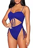 Pink Queen Damen Hoch Geschnitten Einteiliger Badeanzug Trägern Geraffter Shape Monokini Kordelzug Sommer Strand Blau M
