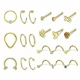 Sunligoo Nasenpiercing Gold 21Stück 16ga 20ga Chirurgenstahl Nasenring Nasenstecker Set für Nostril Piercing Septum Schmuck Damen Herren