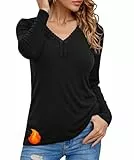 Crewhpo Damen Oberteile Thermo Basic Shirt Warm mit V-Ausschnitt Leicht Thermooberteile Lockerer Langarm Thermo Unterhemd Stretch T-Shirt Einfarbig für Herbst Winter Schwarz