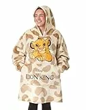 Disney Der Konig der Lowen Tragbarer Decken-Hoodie fur Damen | Beigefarbener Kapuzenpullover fur Erwachsene mit Simba-Charakter-Stickerei und Tier-Allover-Print