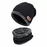 Kuyou Kinder Mütze Schal Jungen Mädchen Winter Hat Schlauchschal Set (Schwarz)