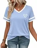 Gyabnw Oversize Basic Tshirt Damen V Ausschnitt Blusenshirt Kurzarm Bluse mit Herzen Sommer T-Shirt Oberteile Blau