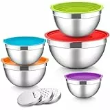 Herogo Rührschüssel 5er Set Bunt, Edelstahl Schüssel mit luftdichten Deckeln, Metall Salatschüssel mit 3 Reibenaufsätzen zum Zubereiten/Backen/Servieren/Aufbewahren/Mixen, Spülmaschinenfest