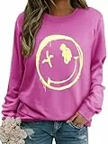 WIEIYM Damen-Sweatshirt, Smiley-Gesicht, Rundhalsausschnitt, langärmelig, Grafikdruck, Basic-Top, lässiger Pullover, S-XXL, rosig, M