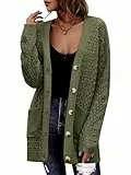 Saodimallsu Strickjacke Damen Langarm Oversized Cardigan Open Front V-Ausschnitt Knopfleiste Sweater Lose Grobstrick Pullover Casual Elegant Strickmantel mit Taschen Grün XL