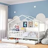 Bellabino Bia Kinderbett 90x200 cm – Hausbett mit Rausfallschutz, Lattenrost & 2 Schubladen – Montessori Kinder Bett aus Massivholz Kiefer – Bett für Jungen und Mädchen mit Stauraum in Weiß